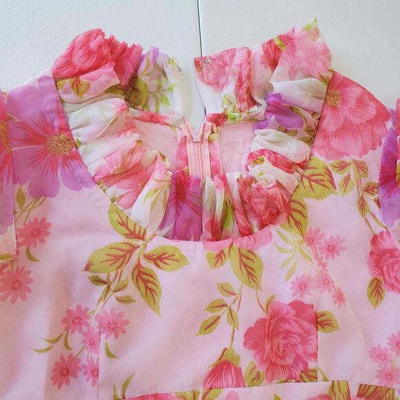 VINTAGE Floral Chiffon Maxi Dress Womens Small Pink Ruffle Neck Puff Sleeve 70s - Picture 9 of 11